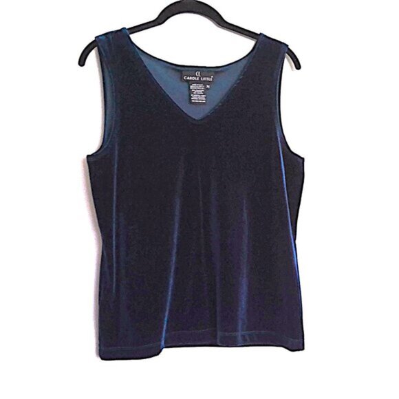 CL Carole Little Dressy Top V Neck Sleeveless Velvety Blue Velour Stretch EUC  M - Picture 1 of 3